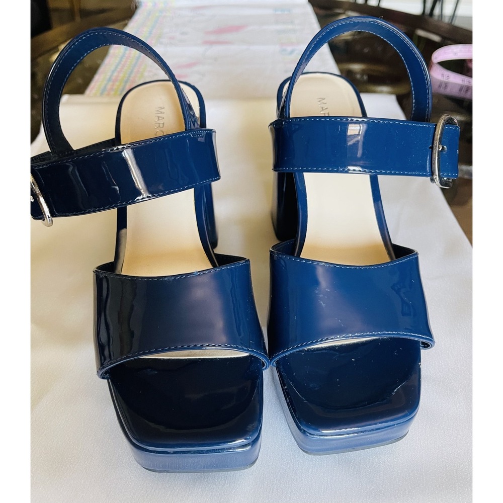 Marc Fisher Women's Blue Patent Leather Ankle Strap Block Heel Sandals 5.5